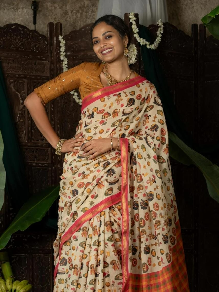 Kerala Mural Print Kota Cotton Saree